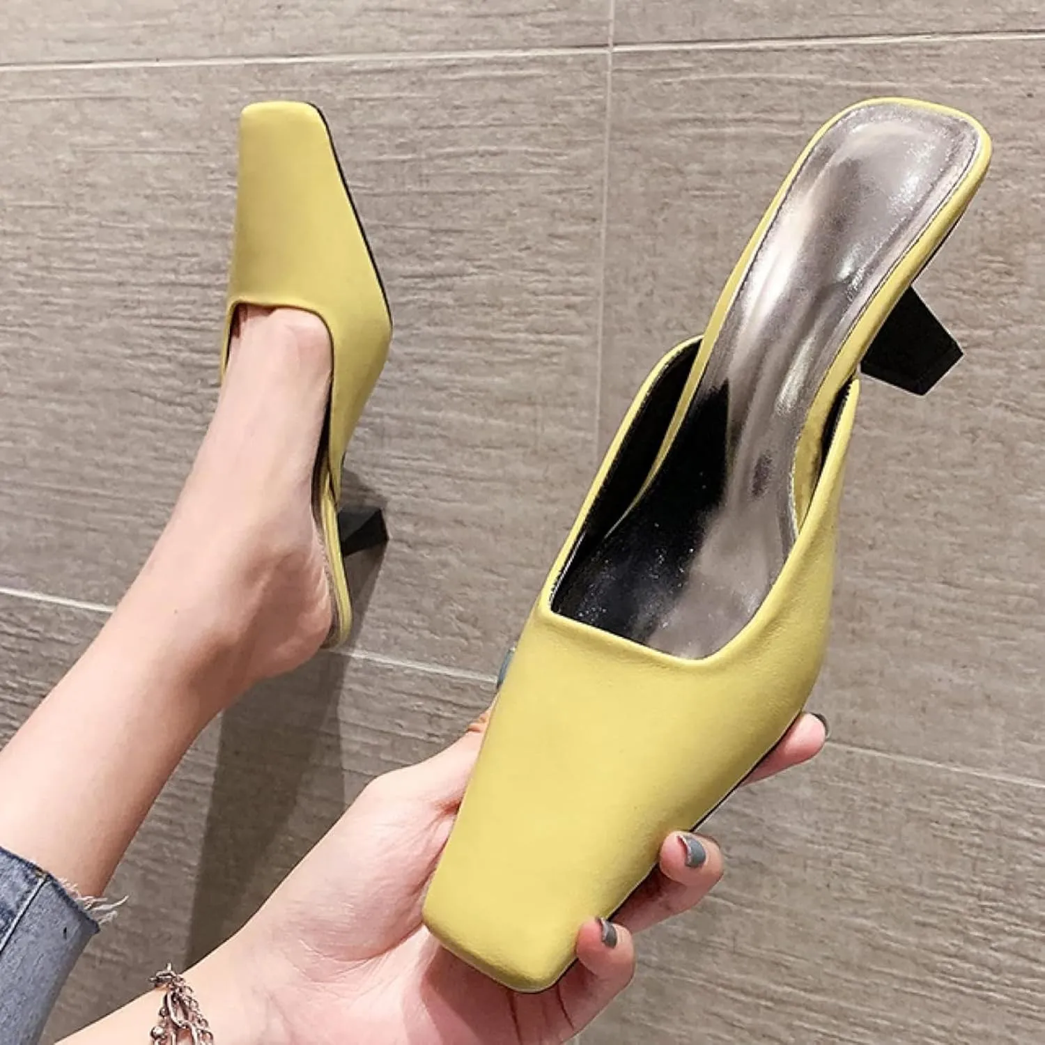 Women's Mule Shoes Fashion PU Leather Square Toe Heels Girls Backless Loafers Walking Mule Sandals