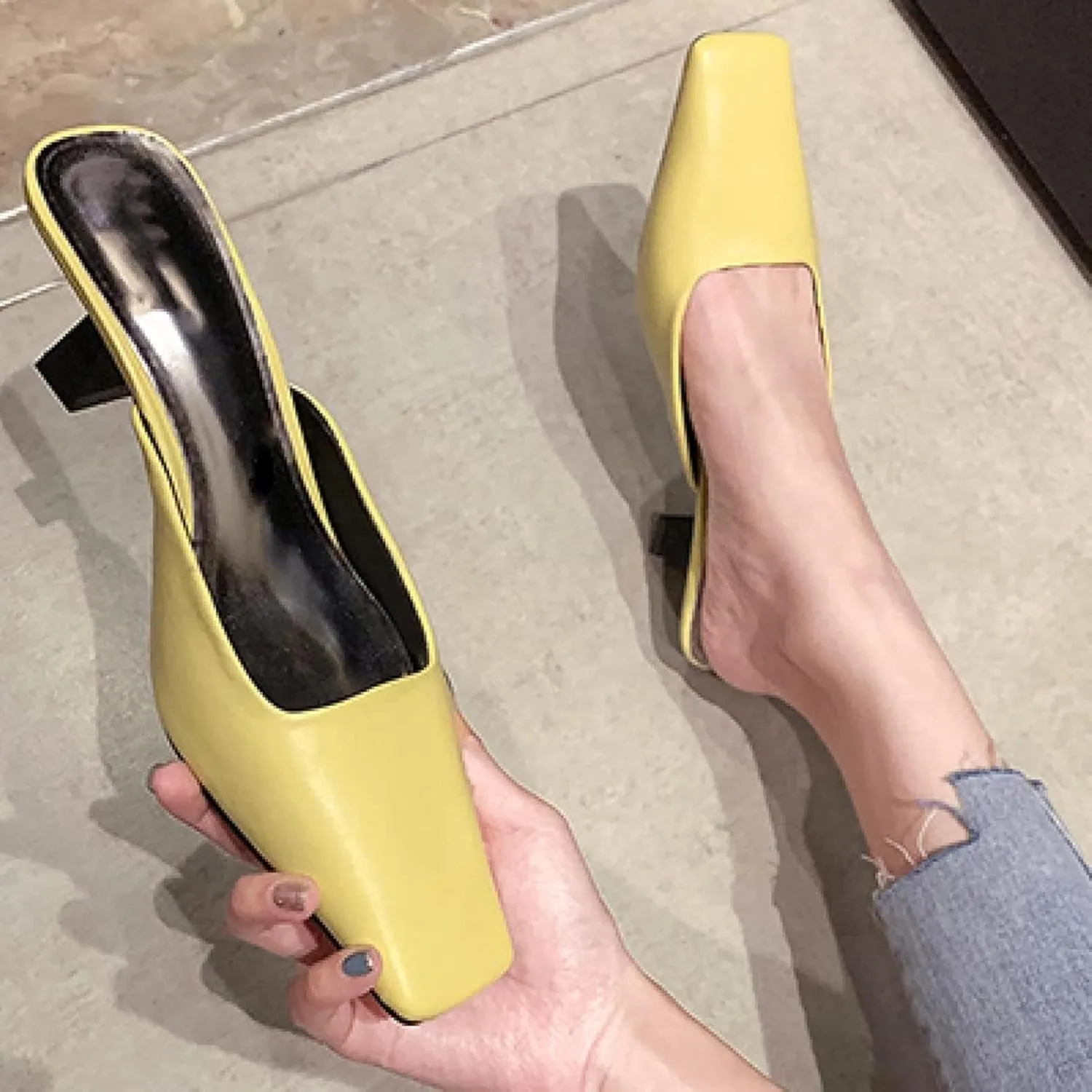 Women's Mule Shoes Fashion PU Leather Square Toe Heels Girls Backless Loafers Walking Mule Sandals