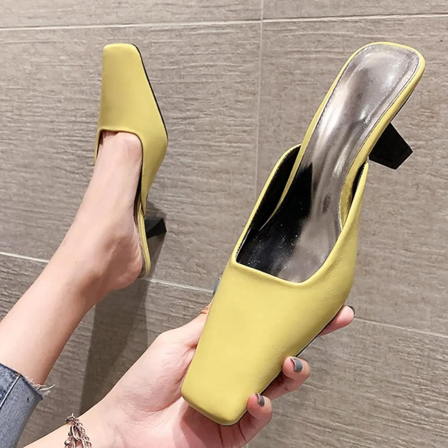 Women's Mule Shoes Fashion PU Leather Square Toe Heels Girls Backless Loafers Walking Mule Sandals