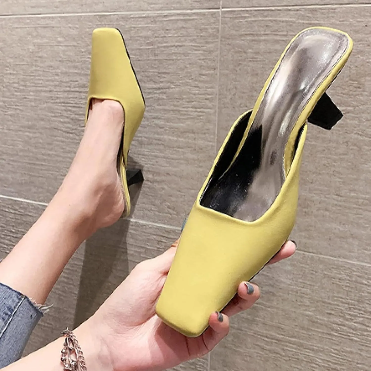 Women's Mule Shoes Fashion PU Leather Square Toe Heels Girls Backless Loafers Walking Mule Sandals