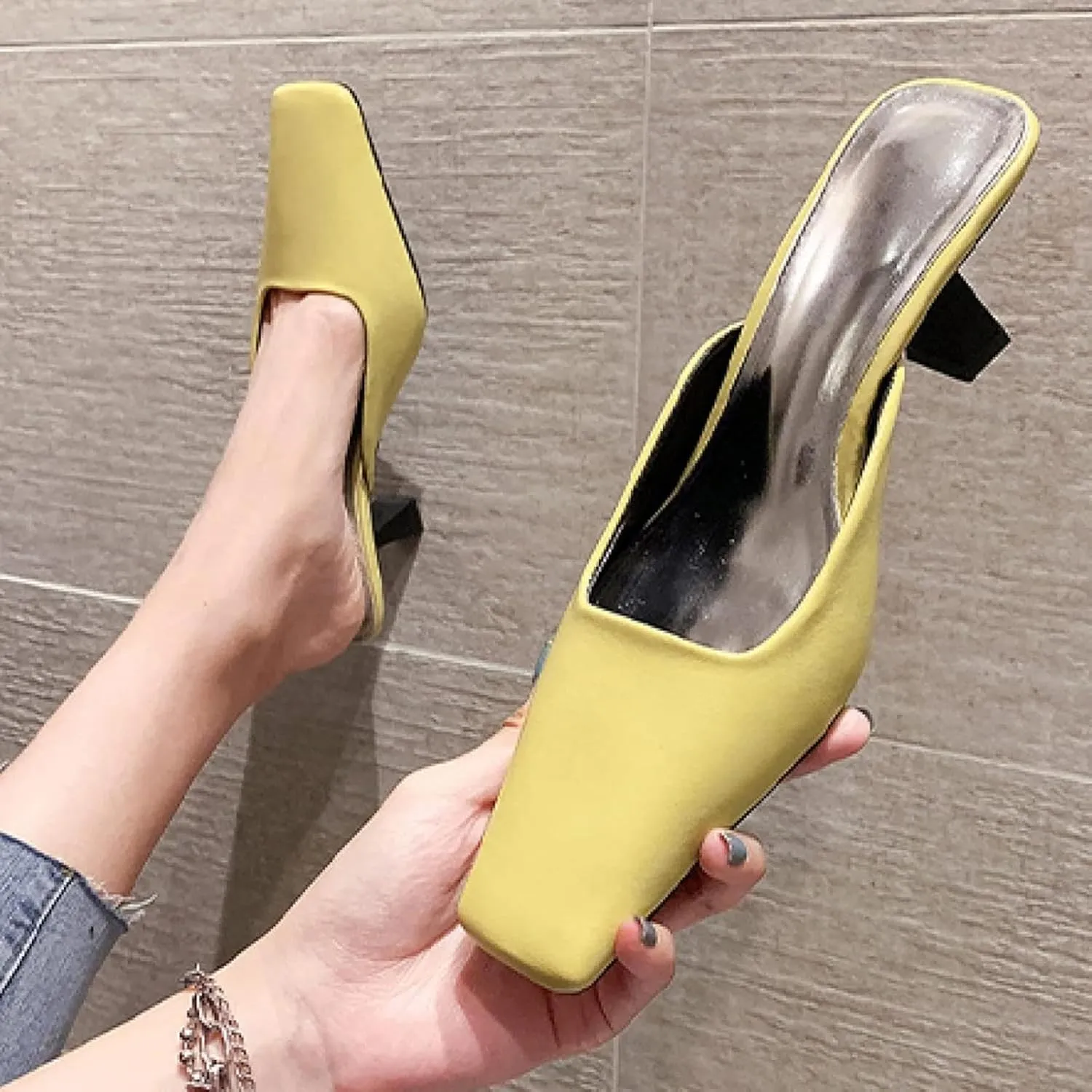 Women's Mule Shoes Fashion PU Leather Square Toe Heels Girls Backless Loafers Walking Mule Sandals