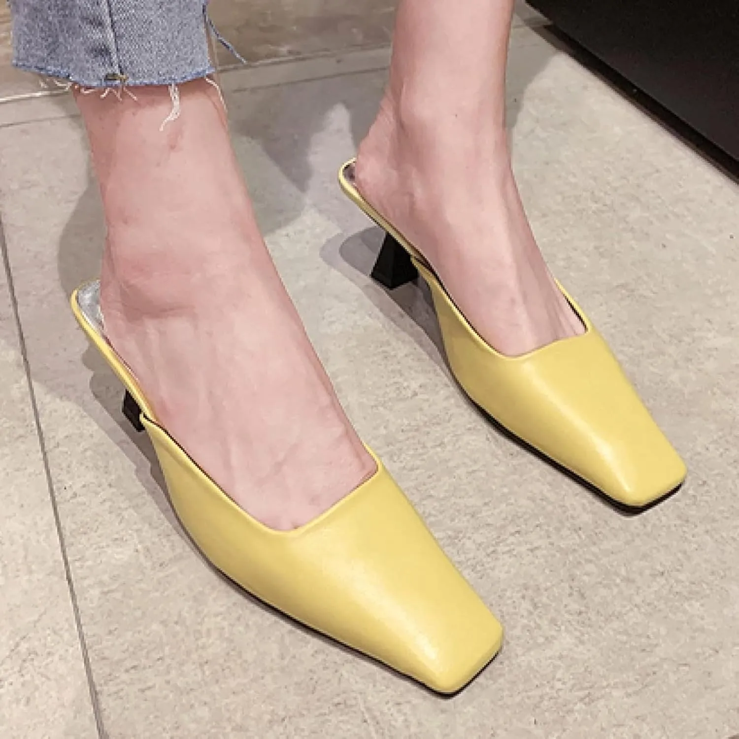 Women's Mule Shoes Fashion PU Leather Square Toe Heels Girls Backless Loafers Walking Mule Sandals