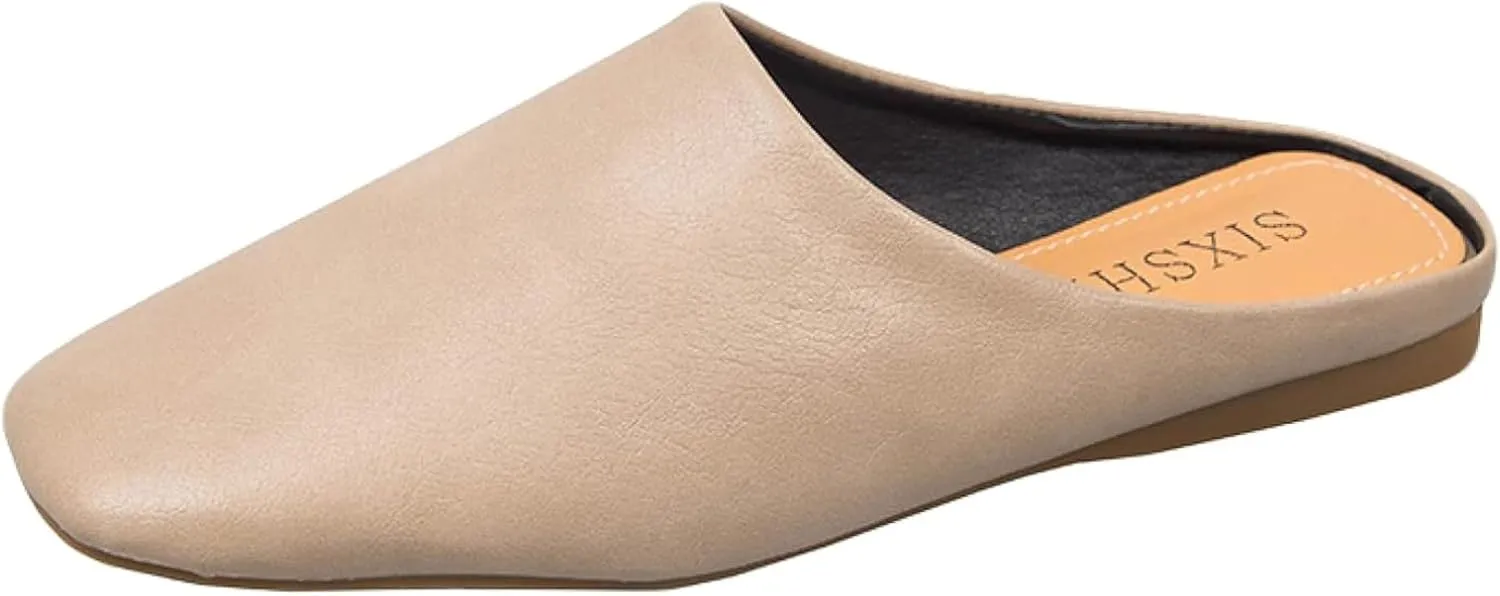 Women's Mule Slippers Comfortable PU Leather Square Head Low Heel Girl Backless Walking Women's Loafer Sandals