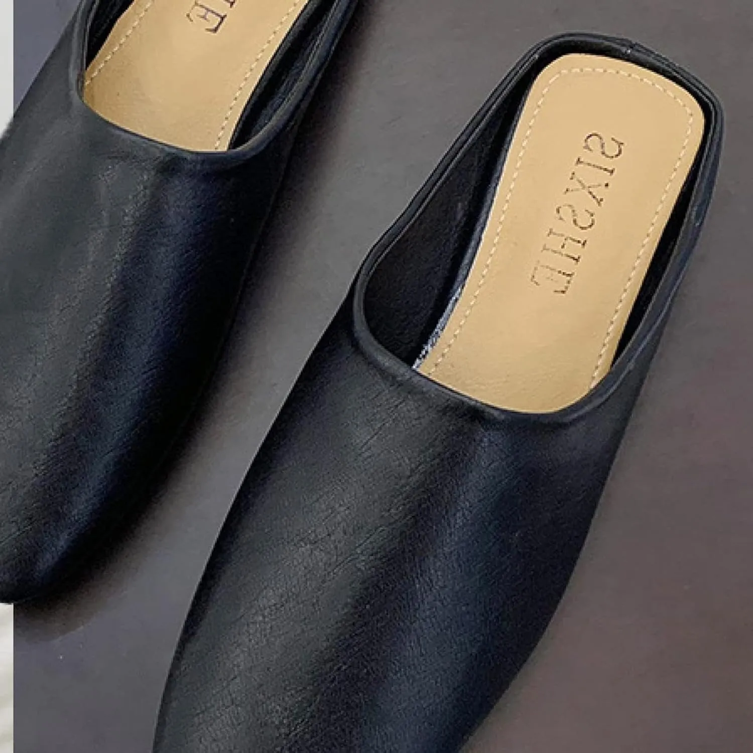 Women's Mule Slippers Comfortable PU Leather Square Head Low Heel Girl Backless Walking Women's Loafer Sandals