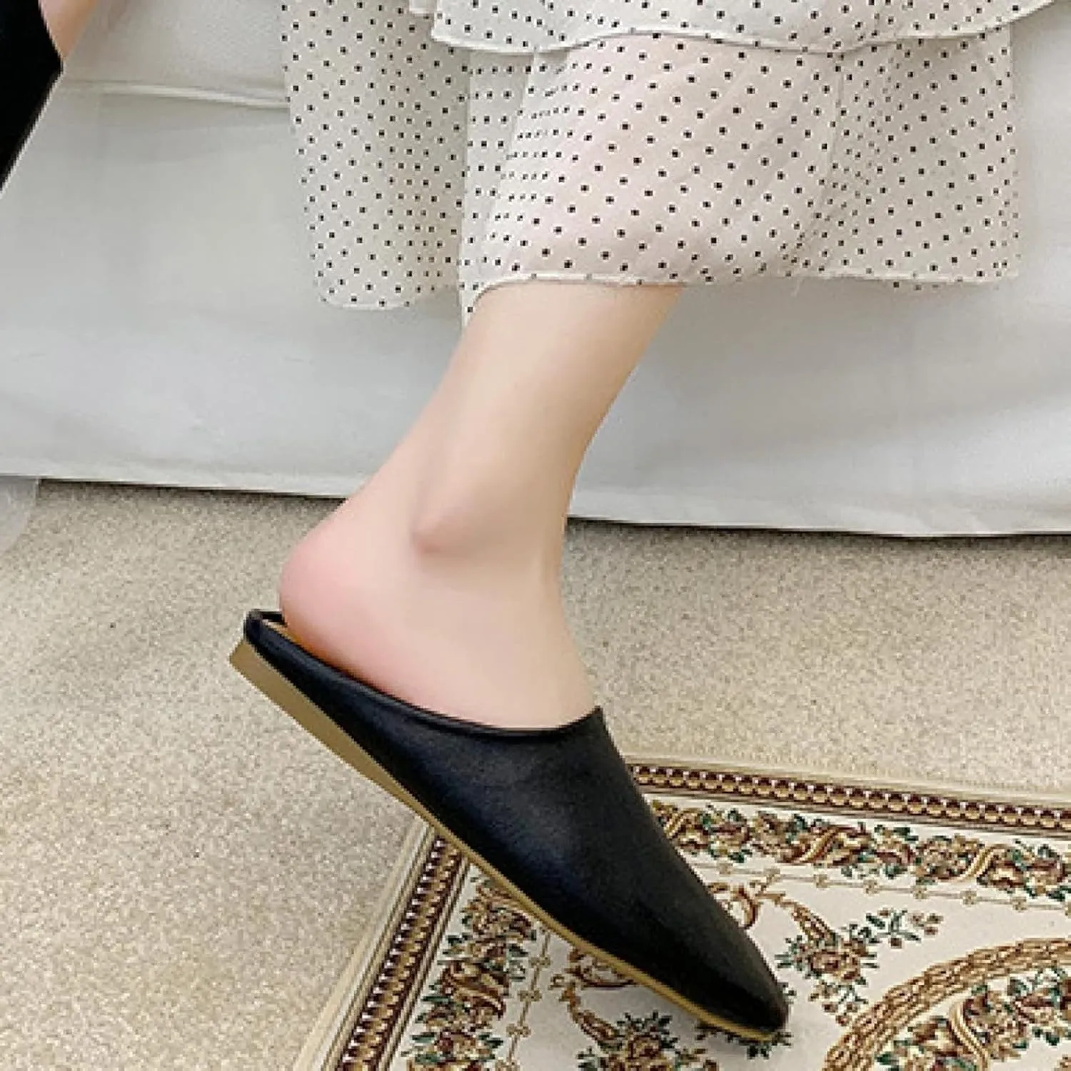 Women's Mule Slippers Comfortable PU Leather Square Head Low Heel Girl Backless Walking Women's Loafer Sandals