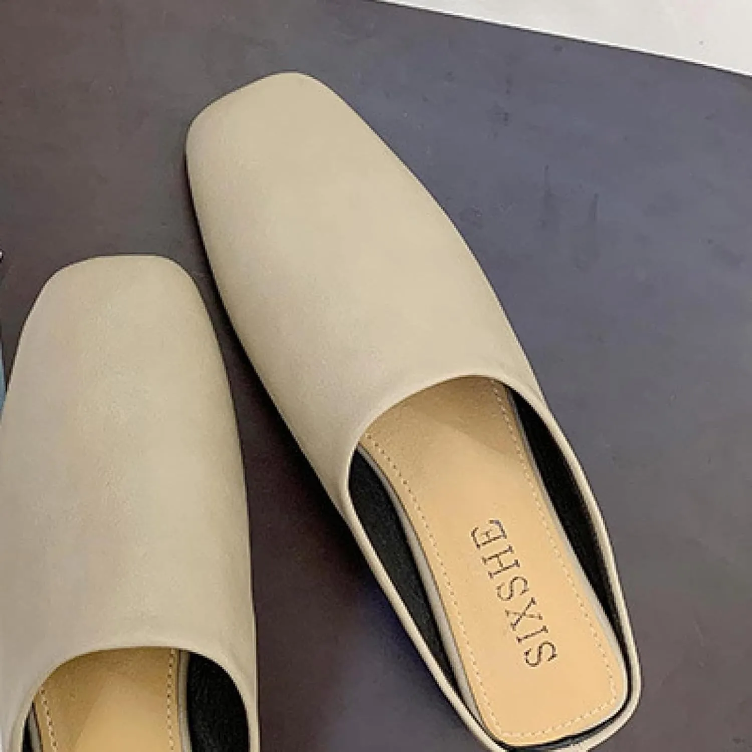 Women's Mule Slippers Comfortable PU Leather Square Head Low Heel Girl Backless Walking Women's Loafer Sandals