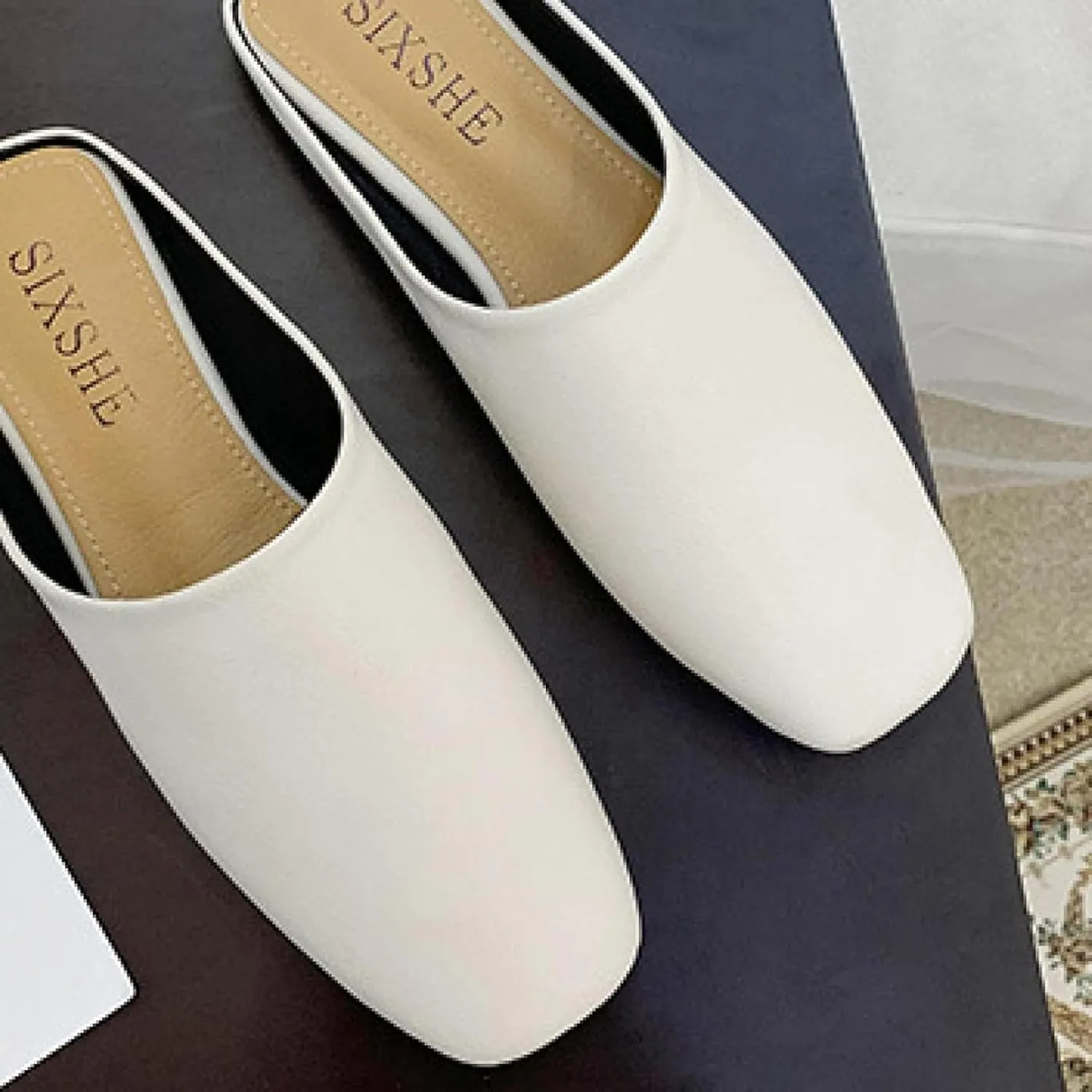 Women's Mule Slippers Comfortable PU Leather Square Head Low Heel Girl Backless Walking Women's Loafer Sandals