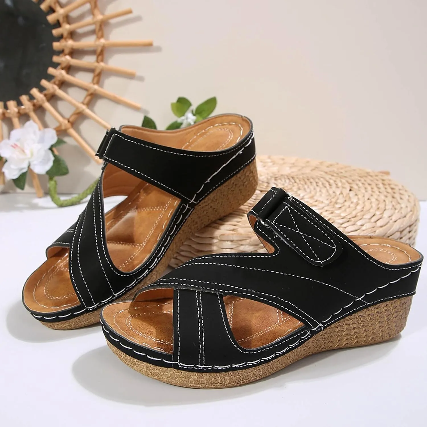 Womens Orthopedic Sandals 2025 Summer Contrast Color Wedge Sandals, Crisscross Strap Open Toe Shoes with Arch Support