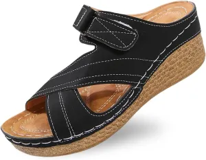 Womens Orthopedic Sandals 2025 Summer Contrast Color Wedge Sandals, Crisscross Strap Open Toe Shoes with Arch Support