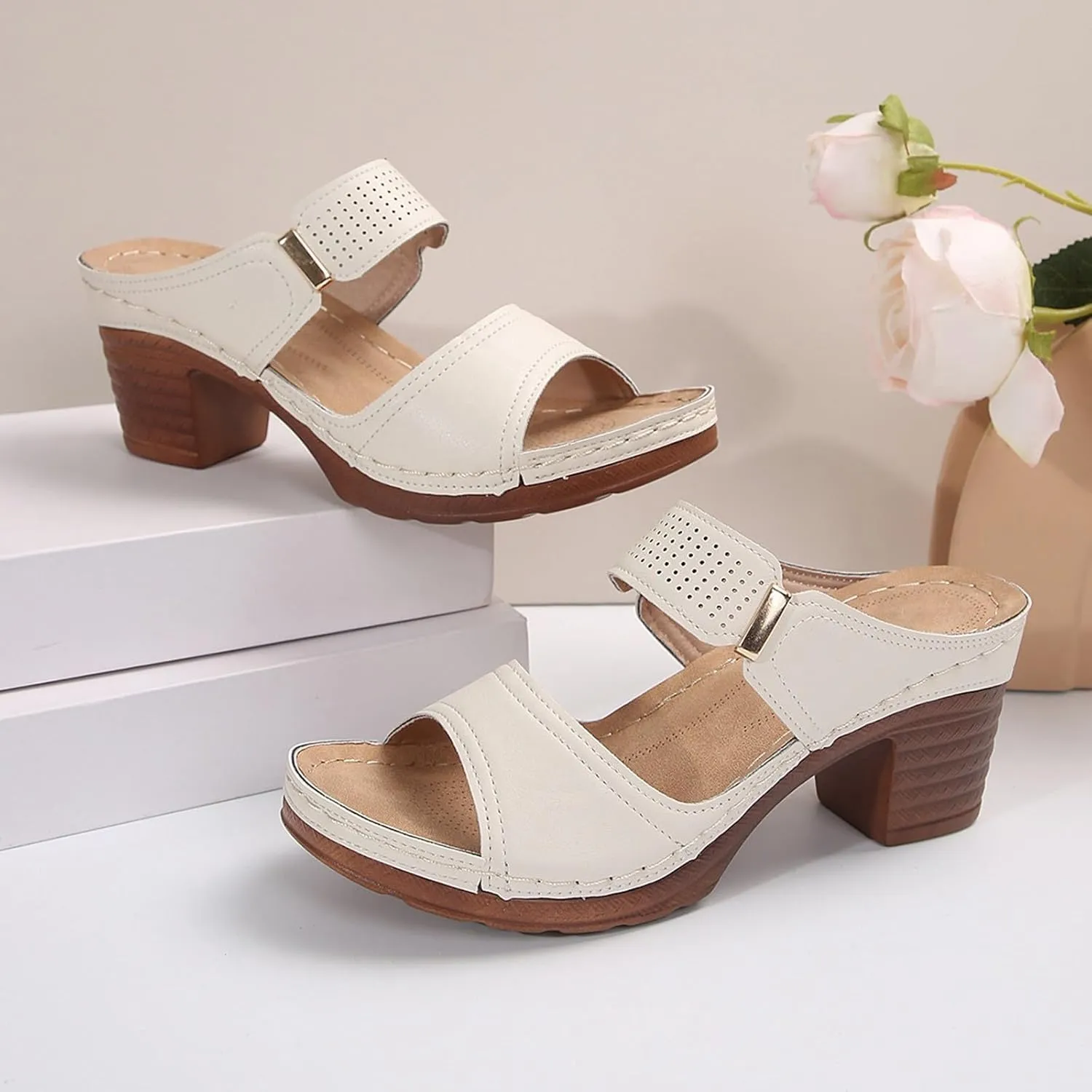 Womens Sandals Open Toe Block Heel Sandals Summer Dressy Slip on Wedge Sandal Comfortable Orthotic Arch Support Shoes Adjustable Ankle Strap Beach Walking Shoes