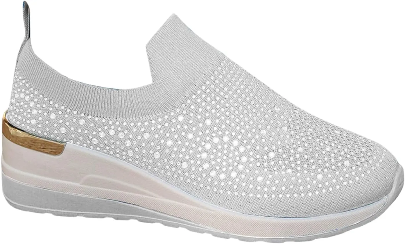 Women's Slip on Loafer Shoes Rhinestone Mesh Casual Flat Nurse Walking Sneaker Knit Comfort Classic Low Wedge Shoes
