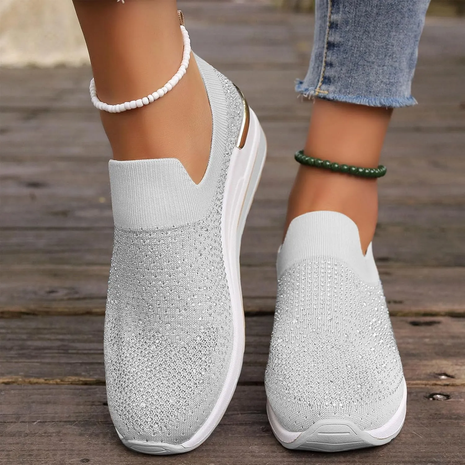 Women's Slip on Loafer Shoes Rhinestone Mesh Casual Flat Nurse Walking Sneaker Knit Comfort Classic Low Wedge Shoes