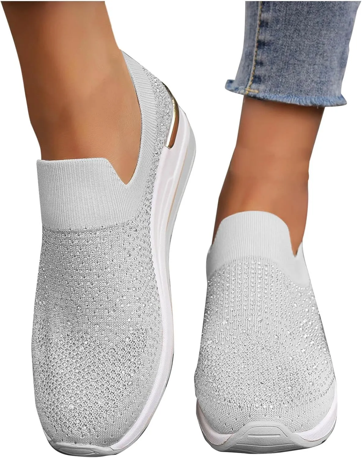 Women's Slip on Loafer Shoes Rhinestone Mesh Casual Flat Nurse Walking Sneaker Knit Comfort Classic Low Wedge Shoes