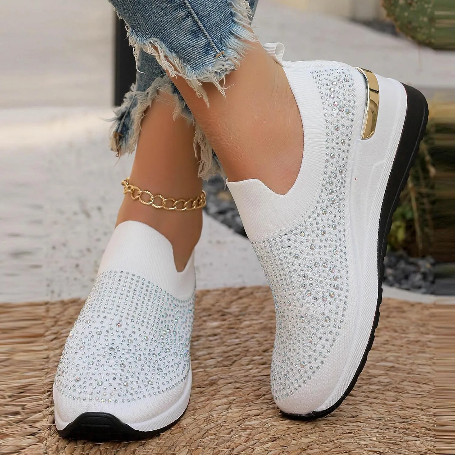 Women's Slip on Loafer Shoes Rhinestone Mesh Casual Flat Nurse Walking Sneaker Knit Comfort Classic Low Wedge Shoes