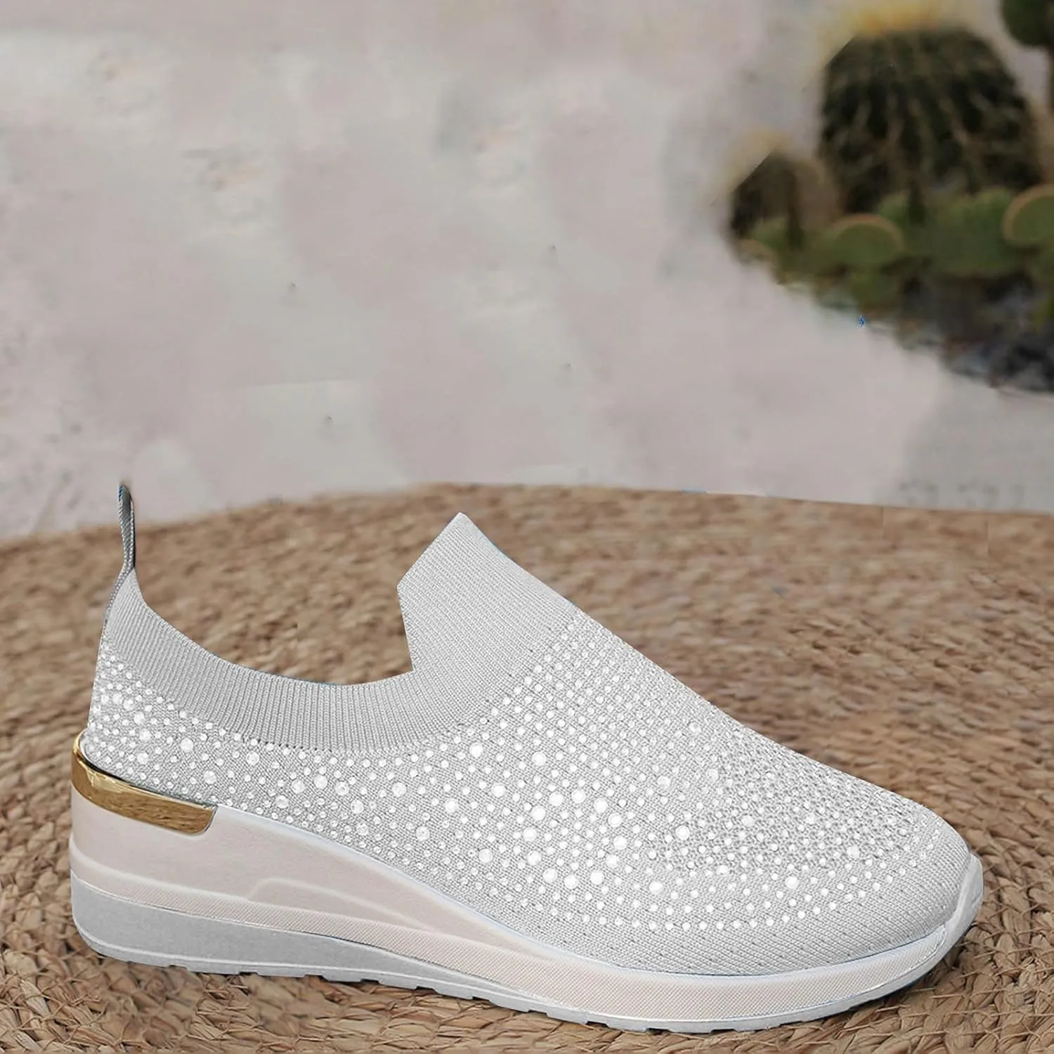Women's Slip on Loafer Shoes Rhinestone Mesh Casual Flat Nurse Walking Sneaker Knit Comfort Classic Low Wedge Shoes