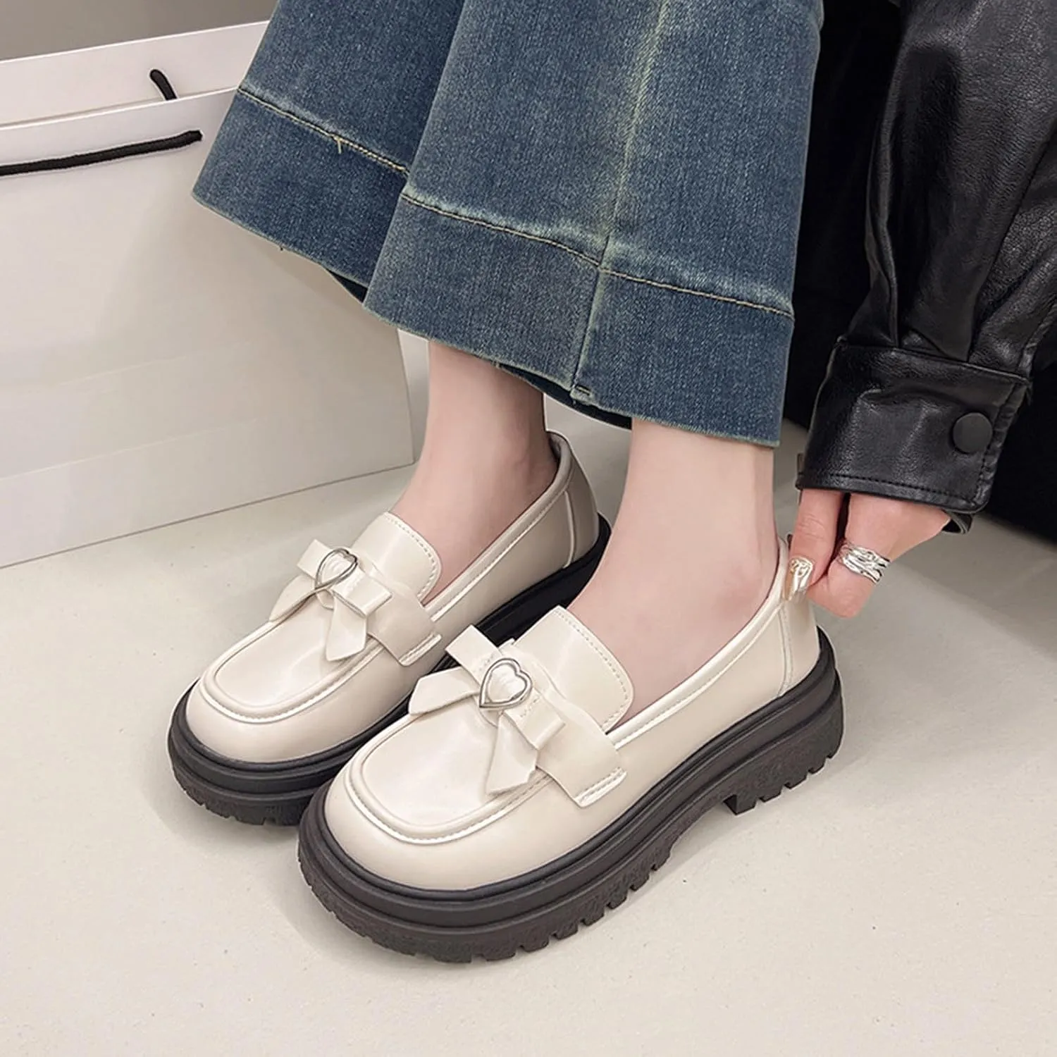 Women's Thick-Soled Loafers Fashion Spring Summer Leather Shoes Versatile Breathable Bow Slip-On Loafers Basic (Beige 4.5 UK Wide)