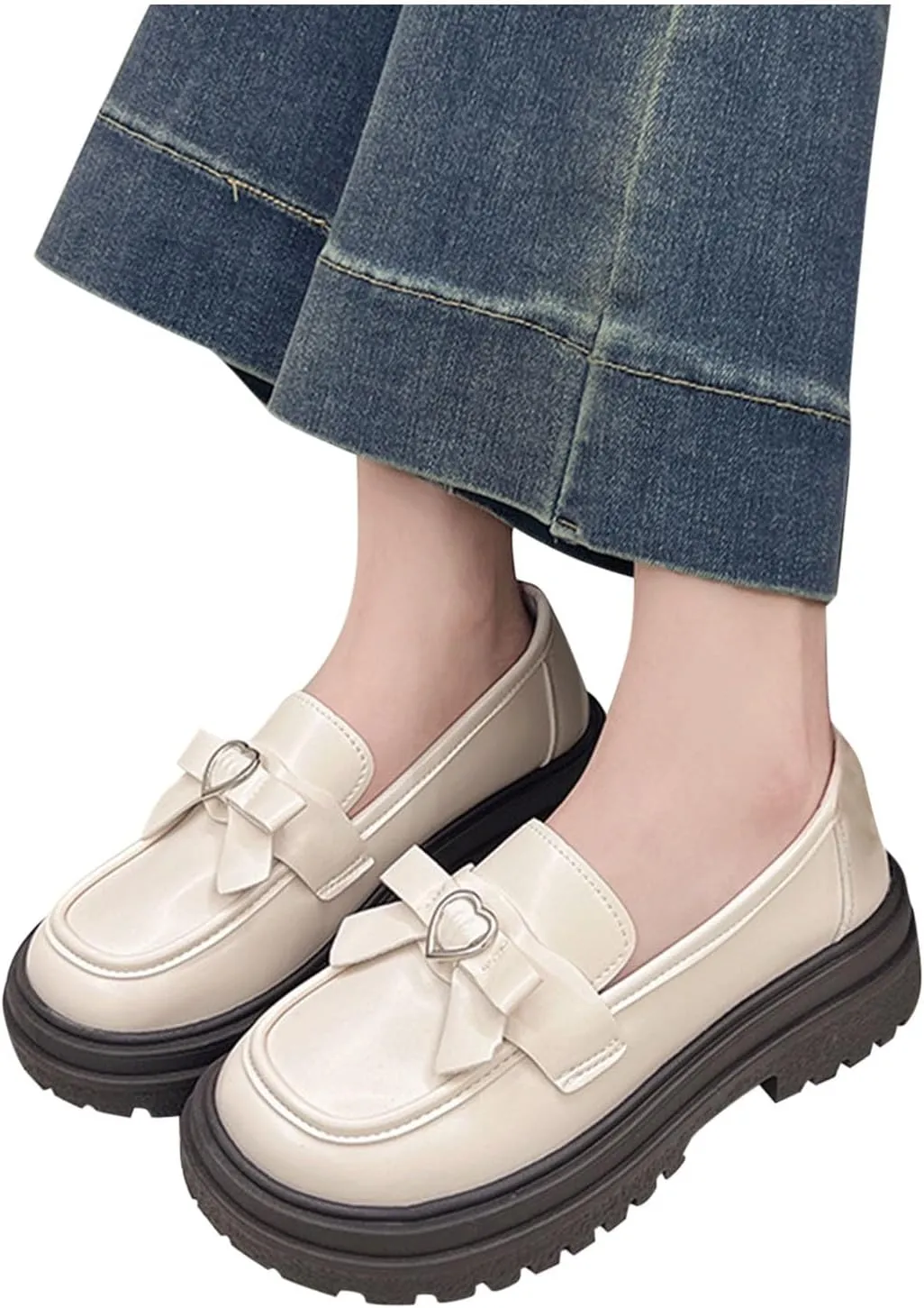 Women's Thick-Soled Loafers Fashion Spring Summer Leather Shoes Versatile Breathable Bow Slip-On Loafers Basic (Beige 4.5 UK Wide)