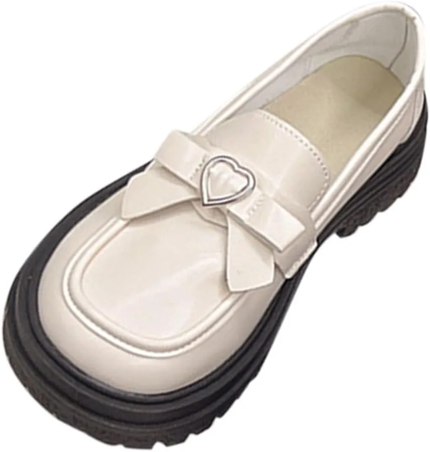 Women's Thick-Soled Loafers Fashion Spring Summer Leather Shoes Versatile Breathable Bow Slip-On Loafers Basic (Beige 4.5 UK Wide)