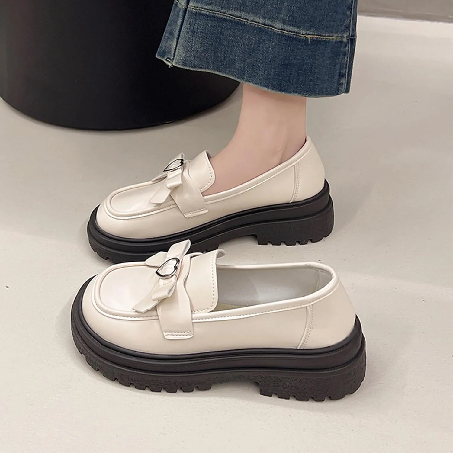 Women's Thick-Soled Loafers Fashion Spring Summer Leather Shoes Versatile Breathable Bow Slip-On Loafers Basic (Beige 4.5 UK Wide)