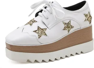 Women's Wedge Heel Oxford Shoes Lace-Up Platform Square Toe Oxford Sneakers Comfortable Platform Casual Loafers (White,8.5)