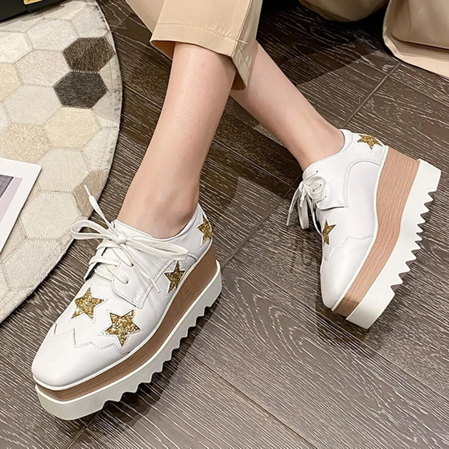 Women's Wedge Heel Oxford Shoes Lace-Up Platform Square Toe Oxford Sneakers Comfortable Platform Casual Loafers (White,8.5)