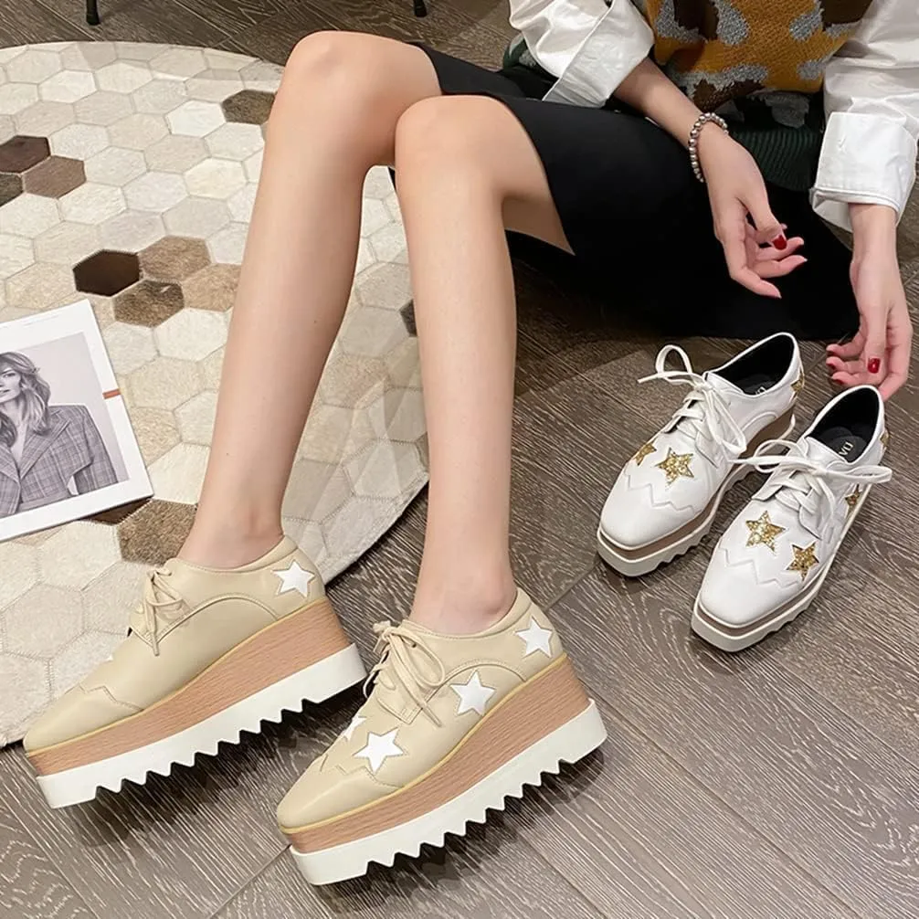Women's Wedge Heel Oxford Shoes Lace-Up Platform Square Toe Oxford Sneakers Comfortable Platform Casual Loafers (White,8.5)