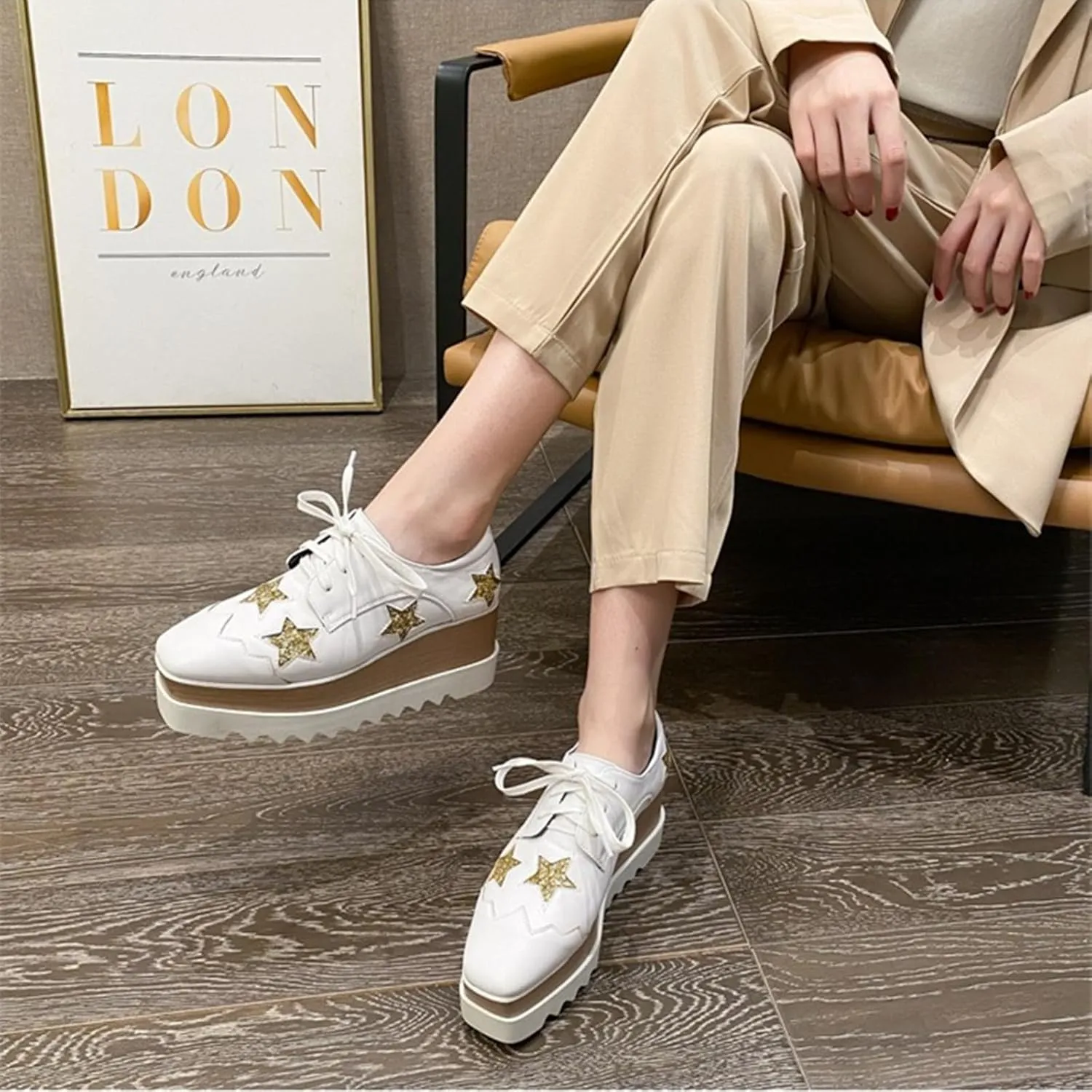 Women's Wedge Heel Oxford Shoes Lace-Up Platform Square Toe Oxford Sneakers Comfortable Platform Casual Loafers (White,8.5)