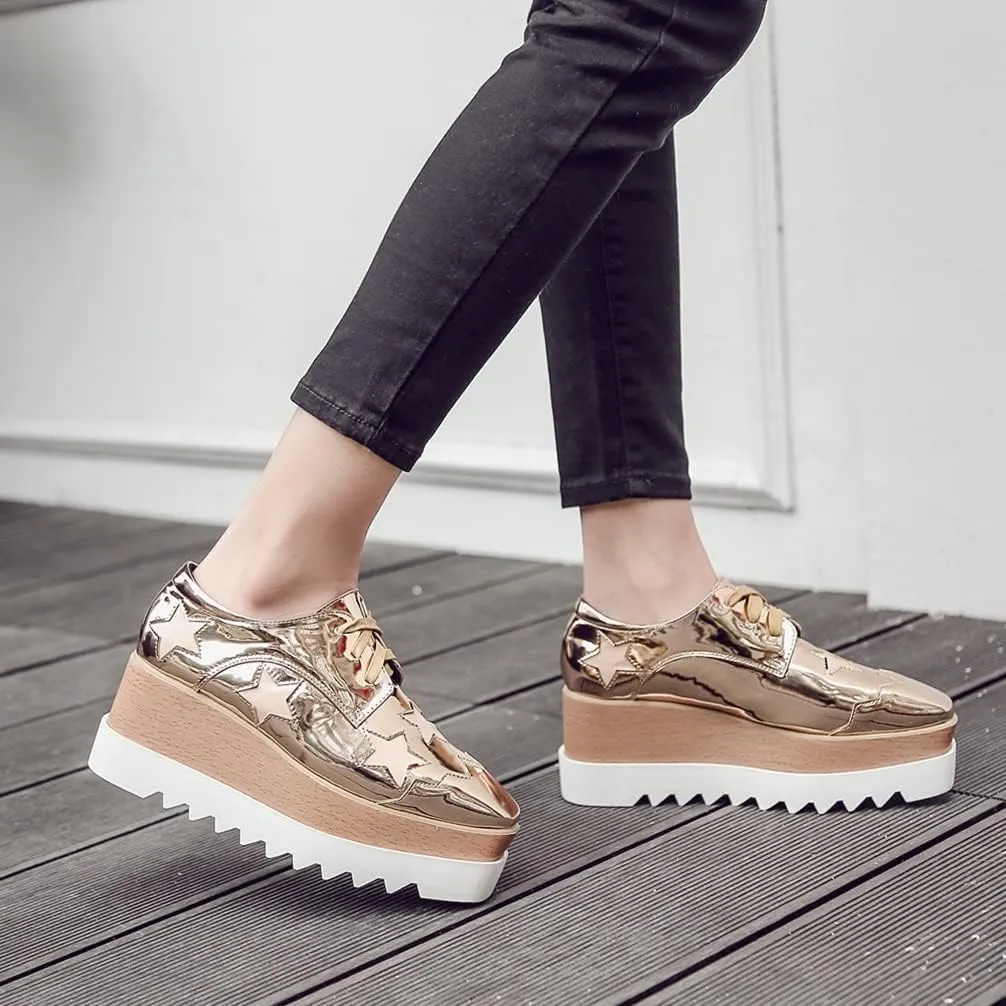 Women's Wedge Heel Oxford Shoes Lace-Up Platform Square Toe Oxford Sneakers Comfortable Platform Casual Loafers (White,8.5)
