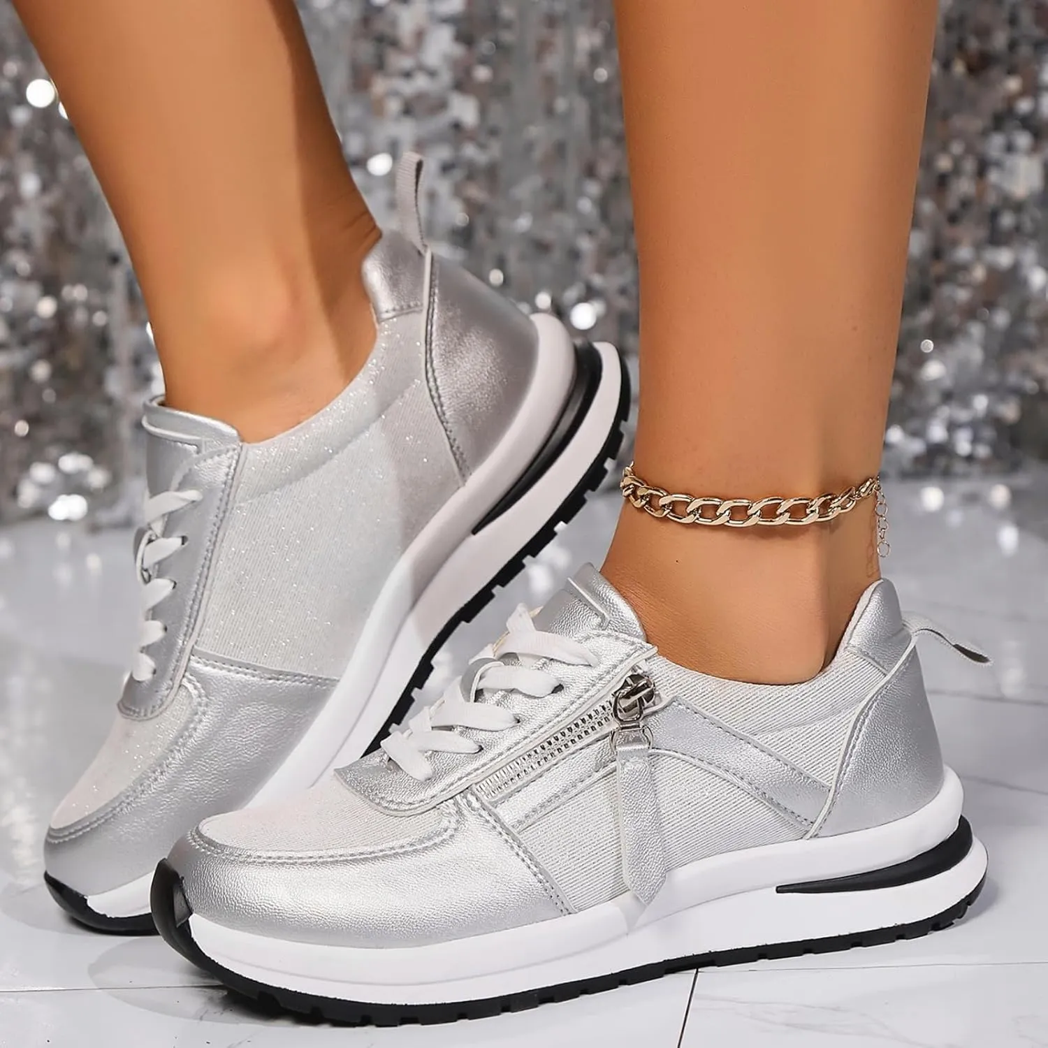 Women's Zipper Platform Tennis Shoes Wedge Sneakers Fashion Canvas Casual Hidden Heel Slip On Sneaker Non Side Low-Top Lace-Up Solid Color with Comfortable Lightweight Walking