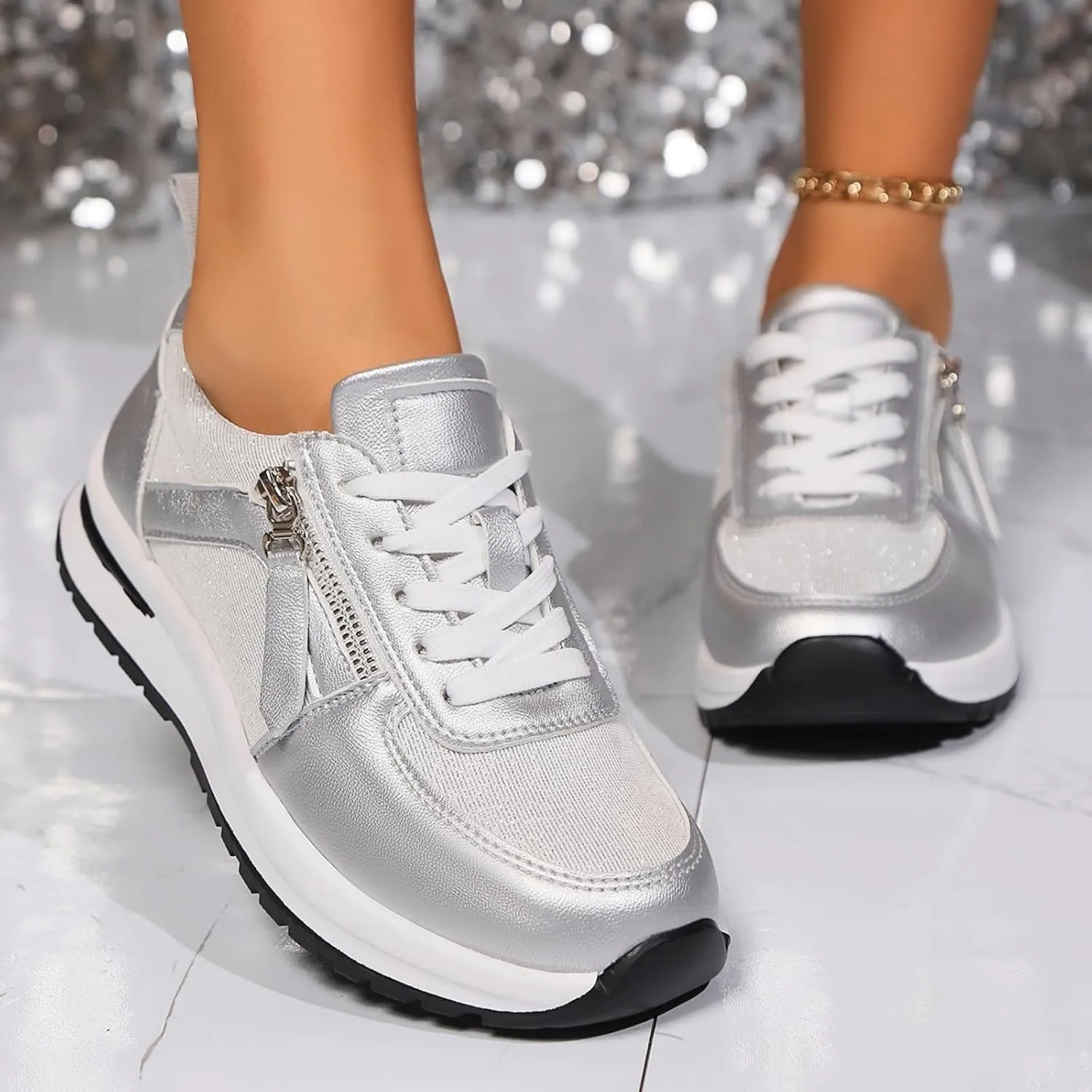 Women's Zipper Platform Tennis Shoes Wedge Sneakers Fashion Canvas Casual Hidden Heel Slip On Sneaker Non Side Low-Top Lace-Up Solid Color with Comfortable Lightweight Walking