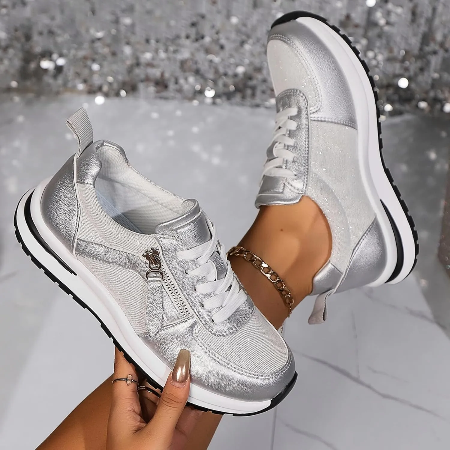 Women's Zipper Platform Tennis Shoes Wedge Sneakers Fashion Canvas Casual Hidden Heel Slip On Sneaker Non Side Low-Top Lace-Up Solid Color with Comfortable Lightweight Walking