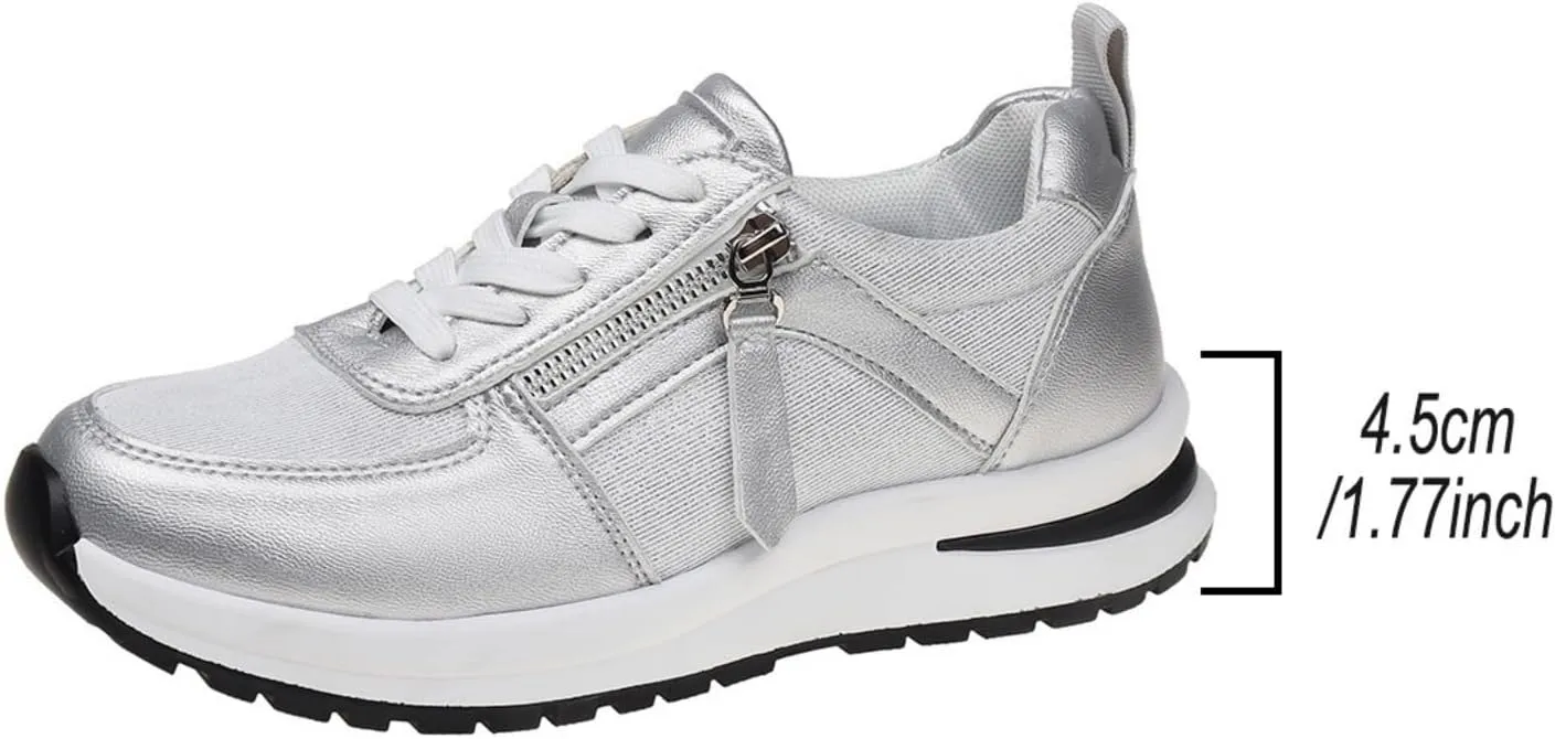 Women's Zipper Platform Tennis Shoes Wedge Sneakers Fashion Canvas Casual Hidden Heel Slip On Sneaker Non Side Low-Top Lace-Up Solid Color with Comfortable Lightweight Walking