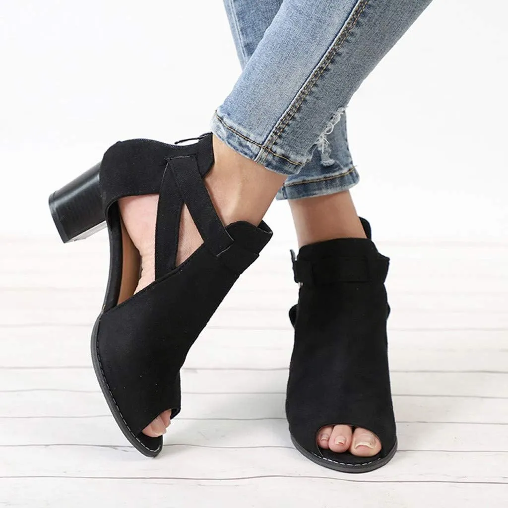 ZBYY Womens Cutout Ankle Strap Buckle Sandals Hollow Out Side Zipper Chunky Heeled Open Toe Pumps Sandals Dress Shoes