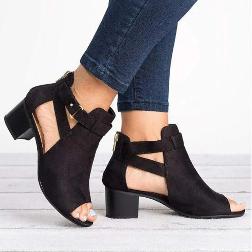 ZBYY Womens Cutout Ankle Strap Buckle Sandals Hollow Out Side Zipper Chunky Heeled Open Toe Pumps Sandals Dress Shoes