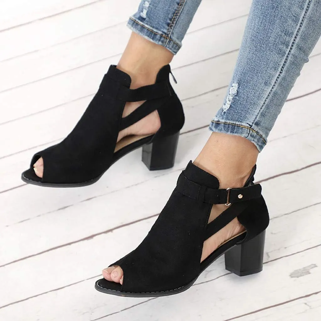 ZBYY Womens Cutout Ankle Strap Buckle Sandals Hollow Out Side Zipper Chunky Heeled Open Toe Pumps Sandals Dress Shoes