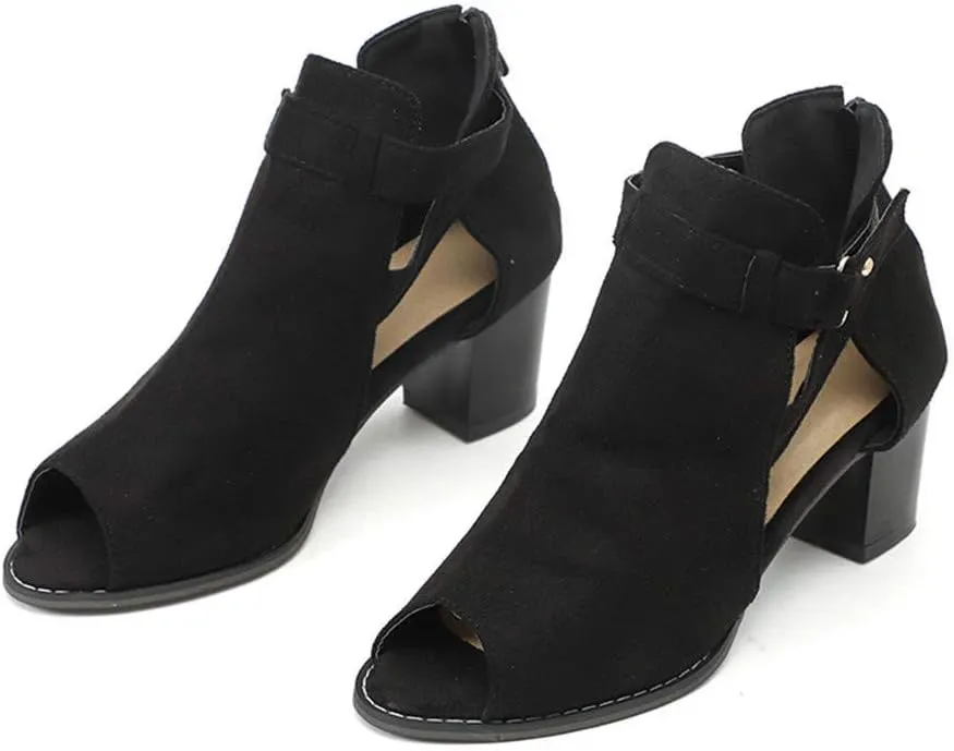 ZBYY Womens Cutout Ankle Strap Buckle Sandals Hollow Out Side Zipper Chunky Heeled Open Toe Pumps Sandals Dress Shoes