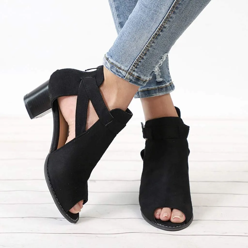 ZBYY Womens Cutout Ankle Strap Buckle Sandals Hollow Out Side Zipper Chunky Heeled Open Toe Pumps Sandals Dress Shoes