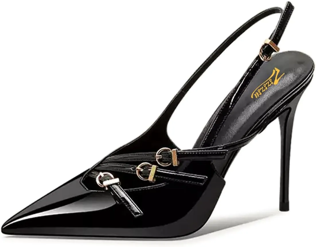 Zszszsu Sexy Pointed Toe Singback Pumps Thin High Stiletto Heels Buckle Strap Party Dress Formal Lady Girls Shoes Size 4-16 US