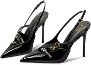 Zszszsu Sexy Pointed Toe Singback Pumps Thin High Stiletto Heels Buckle Strap Party Dress Formal Lady Girls Shoes Size 4-16 US