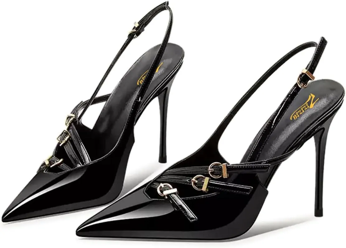 Zszszsu Sexy Pointed Toe Singback Pumps Thin High Stiletto Heels Buckle Strap Party Dress Formal Lady Girls Shoes Size 4-16 US